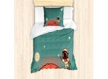 Abakuhaus Set Copripiumino Per Letto Singolo, Doodle Cosmonaut, Antiacaro, Adatto A Chi Soffre Di Allergie, Con Federa, 135 Cm X 200 Cm - 80 X 80 Cm, Corallo Turchese Avorio