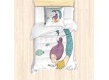 Set Copripiumino Abakuhaus Sirena, Sirena Felice Che Nuota Allegramente Sott'acqua Alla Ricerca Di Uccellini, Fantasia Marina, 135 X 200 Cm + 80 X 80 Cm, Multicolore
