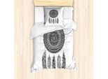 Set Copripiumino Abakuhaus, Acchiappasogni Etnico Con Fogliame Fiorito E Bobine Azteche Pendenti, 135 X 200 Cm + 80 X 80 Cm, Bianco E Grigio Scuro