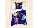 Set Copripiumino Retrò Abakuhaus Per Letti Singoli, Bambina Nello Spazio, Antiacaro, Adatto A Chi Soffre Di Allergie, Con Federa, 135 Cm X 200 Cm - 80 X 80 Cm, Multicolore