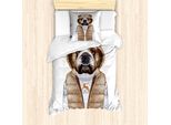 Abakuhaus Set Copripiumino Per Letto Singolo Con Motivo Bulldog, Cucciolo Con Gilet, Antiacaro, Anallergico, Con Federa, 135 Cm X 200 Cm - 80 X 80 Cm, Marrone Chiaro E Azzurro