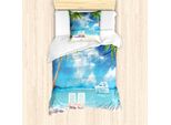 Abakuhaus Set Copripiumino Vintage Boat Per Letti Singoli, Exotic Beach Palms, Antiacaro, Adatto A Chi Soffre Di Allergie, Con Federa, 135 Cm X 200 Cm - 80 X 80 Cm, Multicolore