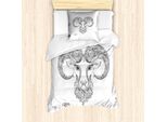 Abakuhaus Set Copripiumino Zodiaco Ariete, Linea Arte Stile Simbolo Dell'oroscopo Tatuaggio All'henné Design Riccioli Floreali Spirali, 135 X 200 Cm + 80 X 80 Cm, Bianco E Nero