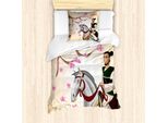 Set Copripiumino Abakuhaus Samurai, Uomo In Abiti Tradizionali Medievali A Cavallo Con Ramo Di Ciliegio In Fiore, 135 X 200 Cm + 80 X 80 Cm, Multicolore