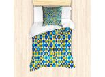 Abakuhaus Set Copripiumino Giallo E Blu, Motivi Retrò Con Forme Circolari Su Sfondo Bianco, 135 X 200 Cm + 80 X 80 Cm, Multicolore