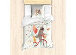 Set Copripiumino Abakuhaus Per Asilo Nido, Procione Felice In Sella A Una Bicicletta Con Gatto, Palloncini E Uccellini Su Sfondo A Goccia, 135 X 200 Cm + 80 X 80 Cm, Multicolore