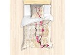 Abakuhaus Set Copripiumino Con Motivo Fiori Di Ciliegio, Dipinto In Stile Giapponese Con Alberi Di Ciliegio Su Sfondo Grungy Con Scritta, 135 X 200 Cm + 80 X 80 Cm, Multicolore