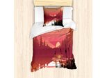 Abakuhaus Set Copripiumino Per Letto Singolo, Calma Tramonto Fiume, Antiacaro Adatto A Chi Soffre Di Allergie Con Federa, 135 Cm X 200 Cm - 80 X 80 Cm, Arancione Chiaro Nero