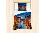Abakuhaus Set Copripiumino Venezia, Vista Sul Canal Grande Dal Ponte Di Rialto Al Tramonto, Stampa Paesaggio Italiano Europeo, 135 X 200 Cm + 80 X 80 Cm, Indaco E Giallo