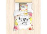 Abakuhaus Set Copripiumino Per Letto Singolo, Scritta Happy Day Rosa, Antiacaro, Adatto A Chi Soffre Di Allergie, Con Federa, 135 Cm X 200 Cm - 80 X 80 Cm, Multicolore