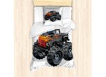 Abakuhaus Set Copripiumino Per Letto Singolo Monster Truck, Camion Cartoon, Antiacaro, Adatto A Chi Soffre Di Allergie, Con Federa, 135 Cm X 200 Cm - 80 X 80 Cm, Grigio Antracite Vermiglio