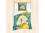 Abakuhaus Set Copripiumino Per Letto Singolo, Edifici Aeroportuali Nostalgici, Antiacaro, Adatto A Chi Soffre Di Allergie, Con Federa, 135 Cm X 200 Cm - 80 X 80 Cm, Verde Acqua Pallido Giallo Pallido