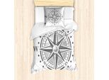 Set Copripiumino Abakuhaus Kompass, Disegno In Stile Vintage Inciso Con Icone, Punti E Rosa Dei Venti Discovery Artsy, 135 X 200 Cm + 80 X 80 Cm, Grigio E Bianco