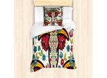 Abakuhaus Set Copripiumino Etnico, Teschi Decorativi Messicani In Stile Folcloristico Con Fiori BohéMien, 135 X 200 Cm + 80 X 80 Cm, Multicolore