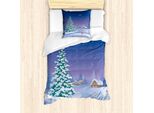 Set Copripiumino Invernale Abakuhaus, Illustrazione Verticale In Stile Cartone Animato Di Un Sentiero Con Case E Un Pino Lungo Il Percorso, 135 X 200 Cm + 80 X 80 Cm, Multicolore