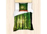 Abakuhaus Set Copripiumino Per Letti Singoli, Alberi Della Foresta Illuminati Dal Sole, Antiacaro, Adatto A Chi Soffre Di Allergie, Con Federa, 135 Cm X 200 Cm - 80 X 80 Cm, Verde Marrone