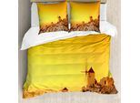 Abakuhaus Grecia Set Copripiumino, Tramonto A Oia Village Sull'isola Di Santorini, Vacanze Estive Nel Mediterraneo, 155 X 220 Cm + 80 X 80 Cm, Marigold Ivory E Brown