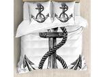Abakuhaus Set Copripiumino Anker, Disegno Vintage Nautico Marittimo Oceano Icone Corda Scarabocchi Illustrazione, 155 X 220 Cm + 80 X 80 Cm, Bianco E Nero