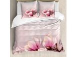 Abakuhaus Set Copripiumino Magnolia, Petali Femminili Fioritura Primaverile Su Pennellate Grunge, 200 X 200 Cm + 80 X 80 Cm, Rosa Baby Marrone Rosa