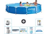 Piscina Intex Con Struttura Rotonda - 366 X 76 Cm - Blu - Inclusa Copertura Della Pompa - Pacchetto Di Manutenzione - Filtro - Copertura Del Terreno - Sistema Ad Acqua Salata -Per Piscina