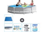 Piscina Intex Con Struttura A Prisma Rotondo - 305 X 76 Cm - Grigio - Include Copertura - Pacchetto Manutenzione - Pompa Filtro Per Piscina - Filtro - Piastrelle Per Pavimento