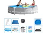 Piscina Intex Con Struttura A Prisma Rotondo - 305 X 76 Cm - Grigio - Include Tenda Da Sole - Pacchetto Manutenzione - Pompa Filtro Per Piscina - Filtro - Tappeto Solare - Scaletta