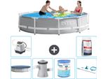 Piscina Intex Con Struttura A Prisma Rotondo - 305 X 76 Cm - Grigio - Include Copertura - Pompa Filtro Per Piscina - Filtro - Kit Di Pulizia - Sistema Di Acqua Salata -Per Piscina