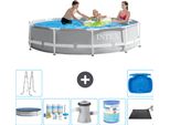 Piscina Intex Con Struttura A Prisma Rotondo - 305 X 76 Cm - Grigio - Include Copertura - Pacchetto Manutenzione - Pompa Filtro Per Piscina - Filtro - Tappeto Solare - Scaletta