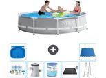 Piscina Intex Con Struttura A Prisma Rotondo - 305 X 76 Cm - Grigio - Pacchetto Di Manutenzione Incluso - Pompa Filtro Per Piscina - Filtro - Tappetino Solare - Scaletta - Pediluvio