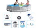 Piscina Intex Con Struttura A Prisma Rotondo - 305 X 76 Cm - Grigio - Include Copertura - Pompa Filtro Per Piscina - Filtro - Kit Di Pulizia - Sistema Di Acqua Salata -Per Piscina