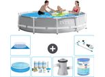 Piscina Intex Con Struttura A Prisma Rotondo - 305 X 76 Cm - Grigio - Include Tenda Da Sole - Pacchetto Manutenzione - Pompa Filtro Per Piscina - Filtro - Telo Di Fondo - Aspirapolvere