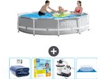 Piscina Intex Con Struttura A Prisma Rotondo - 305 X 76 Cm - Grigio - Include Tenda Da Sole - Pacchetto Manutenzione - Pompa Filtro Per Piscina - Telo Di Fondo