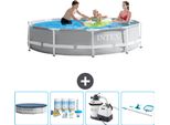 Piscina Intex Con Struttura A Prisma Rotondo - 305 X 76 Cm - Grigio - Copertura Inclusa - Pacchetto Manutenzione - Pompa Filtro Per Piscina - Kit Di Pulizia