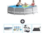 Piscina Intex Con Struttura A Prisma Rotondo - 305 X 76 Cm - Grigio - Copertura Inclusa - Pacchetto Manutenzione - Pompa Filtro Per Piscina - Tappeto Solare