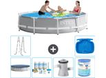 Piscina Intex Con Struttura A Prisma Rotondo - 305 X 76 Cm - Grigio - Include Copertura - Pacchetto Di Manutenzione - Pompa Filtro Per Piscina - Filtro - Scaletta - Pediluvio