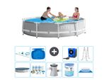 Piscina Intex Con Struttura A Prisma Rotondo - 305 X 76 Cm - Grigio - Include Copertura - Pacchetto Di Manutenzione - Pompa Filtro Per Piscina - Filtro - Copertura Del Terreno - Kit Di Pulizia