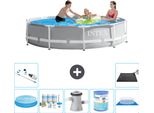 Piscina Intex Con Struttura A Prisma Rotondo - 305 X 76 Cm - Grigio - Include Tenda Da Sole - Pacchetto Manutenzione - Pompa Filtro Per Piscina - Filtro - Telo Di Fondo - Aspirapolvere