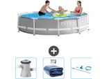 Piscina Intex Con Struttura A Prisma Rotondo - 305 X 76 Cm - Grigio - Include Pompa Filtro Per Piscina - Tenda - Kit Di Pulizia