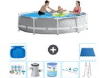 Piscina Intex Con Struttura A Prisma Rotondo - 305 X 76 Cm - Grigio - Pacchetto Di Manutenzione Incluso - Pompa Filtro Per Piscina - Filtro - Kit Di Pulizia - Scaletta - Pediluvio