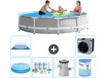 Piscina Intex Con Struttura A Prisma Rotondo - 305 X 76 Cm - Grigio - Include Tenda Da Sole - Pacchetto Manutenzione - Pompa Filtro Per Piscina - Filtro - Copertura Del Terreno - Pompa Di Calore
