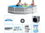 Piscina Intex Con Struttura A Prisma Rotondo - 305 X 76 Cm - Grigio - Include Copertura - Pacchetto Manutenzione - Pompa Filtro Per Piscina - Filtro - Copertura Del Terreno - Pompa Di Calore