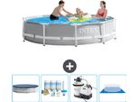 Piscina Intex Con Struttura A Prisma Rotondo - 305 X 76 Cm - Grigio - Include Copertura - Pacchetto Manutenzione - Pompa Filtro Per Piscina - Copertura Del Terreno