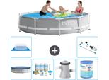 Piscina Intex Con Struttura A Prisma Rotondo - 305 X 76 Cm - Grigio - Include Copertura - Pacchetto Di Manutenzione - Pompa Filtro Per Piscina - Filtro - Copertura Del Terreno - Aspirapolvere
