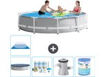 Piscina Intex Con Struttura A Prisma Rotondo - 305 X 76 Cm - Grigio - Include Copertura - Pacchetto Manutenzione - Pompa Filtro Per Piscina - Filtro - Copertura Del Terreno