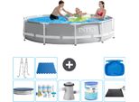 Piscina Intex Con Struttura A Prisma Rotondo - 305 X 76 Cm - Grigio - Include Copertura - Pacchetto Manutenzione - Pompa Filtro Per Piscina - Filtro - Tappeto Solare - Scaletta