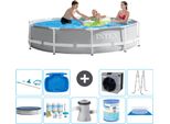 Piscina Intex Con Struttura A Prisma Rotondo - 305 X 76 Cm - Grigio - Include Copertura - Pacchetto Di Manutenzione - Pompa Filtro Per Piscina - Filtro - Copertura Del Terreno - Kit Di Pulizia