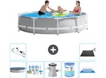 Piscina Intex Con Struttura A Prisma Rotondo - 305 X 76 Cm - Grigio - Include Copertura - Pacchetto Di Manutenzione - Pompa Filtro Per Piscina - Filtro - Copertura Del Terreno - Aspirapolvere