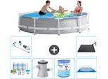Piscina Intex Con Struttura A Prisma Rotondo - 305 X 76 Cm - Grigio - Pacchetto Manutenzione Incluso - Pompa Filtro Per Piscina - Filtro - Copertura Del Terreno - Aspirapolvere - Tappeto Solare