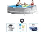 Piscina Intex Con Struttura A Prisma Rotondo - 305 X 76 Cm - Grigio - In Dotazione Pompa Filtro Per Piscina - Strisce Reattive - Tenda Da Sole