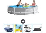 Piscina Intex Con Struttura Prismatica Rotonda - 305 X 76 Cm - Grigio - Include Tenda Da Sole - Pacchetto Manutenzione - Pompa Filtro Per Piscina - Tappeto Solare